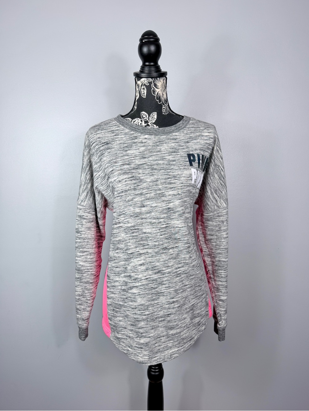 VS Pink grey neon pink side holographic long sleeve oversize pullover size XS